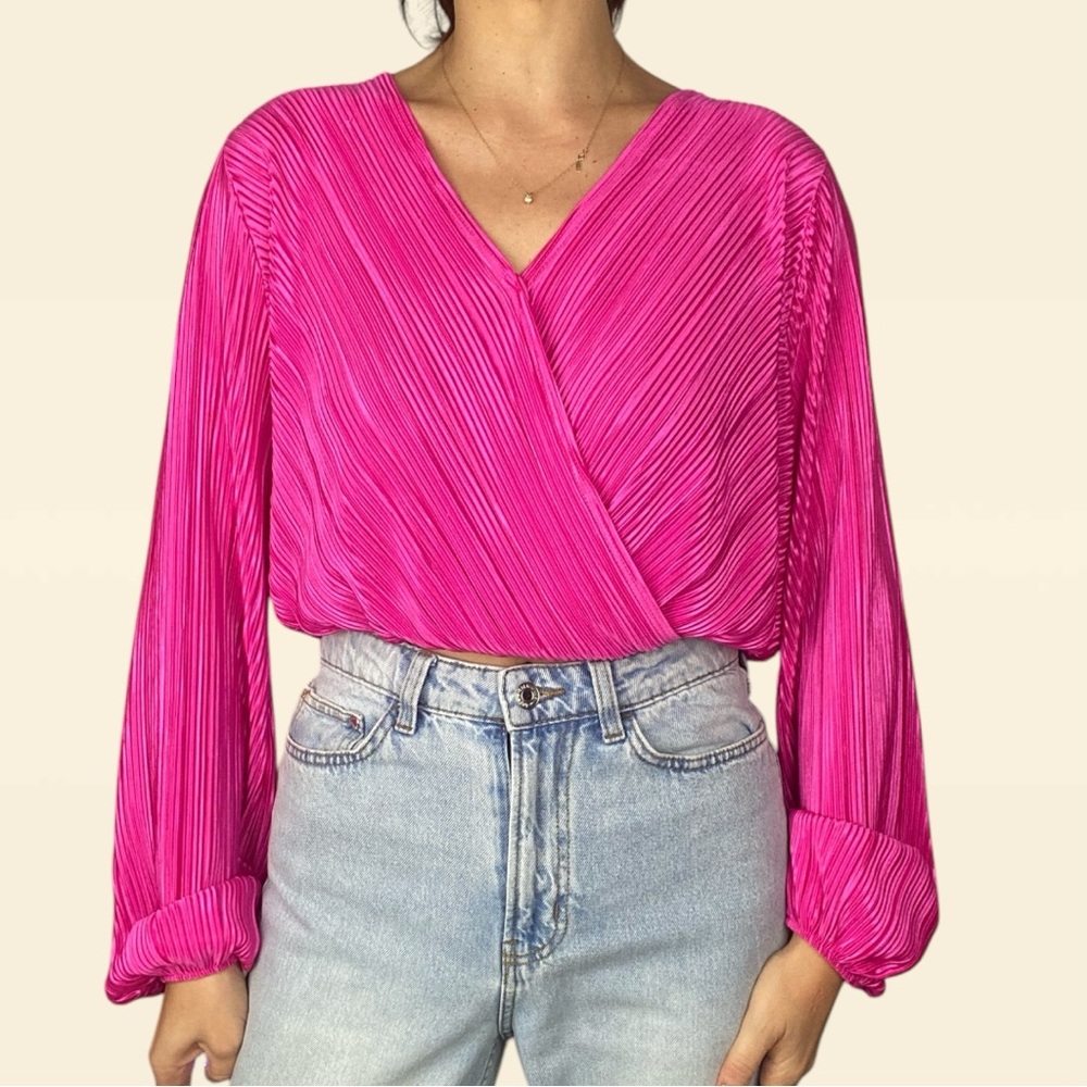 Pink Wrap Blouse with Pleated Balloon Sleeves